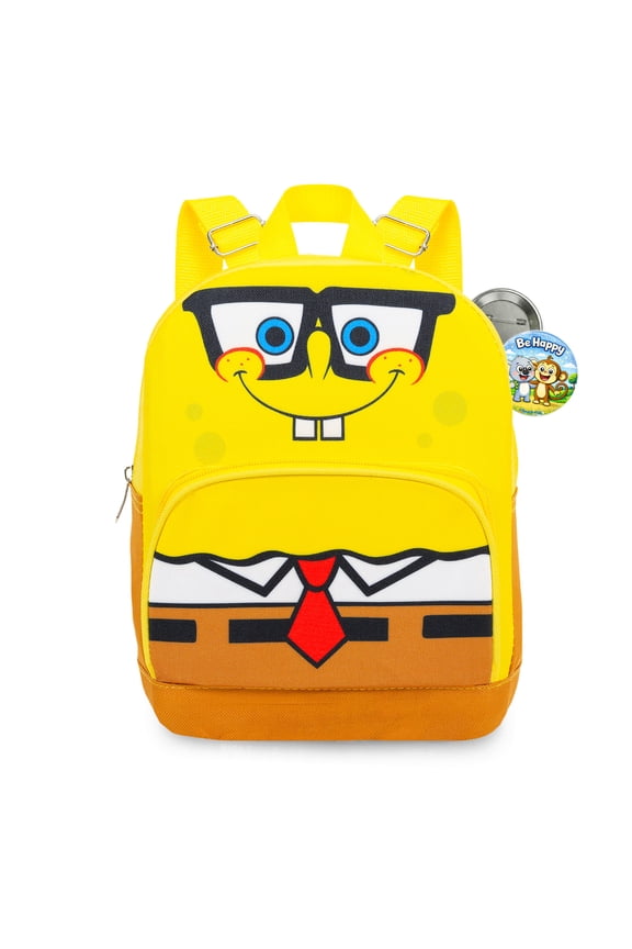 Spongebob Mini Backpack - 10" Exclusive Woven Small Backpack with Front Pocket and Button Bundle | Adjusts to Fit Adults, Teens, Kids
