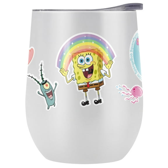 Spongebob Official Spongebob And Friends Sticker Collage 12 oz Stemless Tumbler, Stainless Steel Travel Cup|Lake Tumbler|Insulated with Leak Resistant Slide-Lock Lid