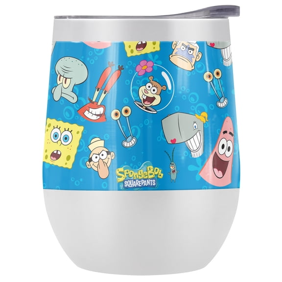 Spongebob Official Head Pattern 12 oz Stemless Tumbler, Stainless Steel Travel Cup|Lake Tumbler|Insulated with Leak Resistant Slide-Lock Lid