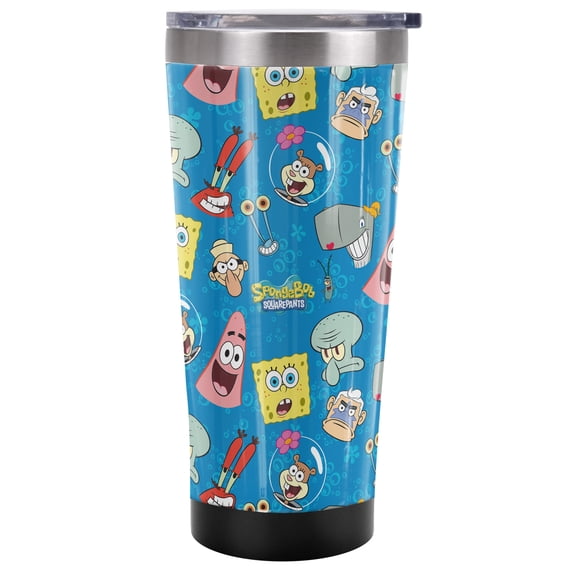 Spongebob Official Head Pattern 20 oz Travel Tumbler, Stainless Steel, Vacuum Insulated with Leak Resistant Slide-Lock Lid