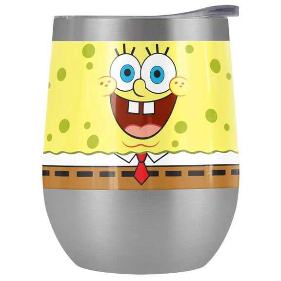 Spongebob Official Sponge Face 12 oz Stemless Tumbler, Stainless Steel Travel Cup|Lake Tumbler|Insulated with Leak Resistant Slide-Lock Lid