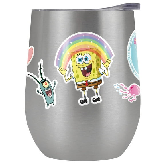 Spongebob Official Spongebob And Friends Sticker Collage 12 oz Stemless Tumbler, Stainless Steel Travel Cup|Lake Tumbler|Insulated with Leak Resistant Slide-Lock Lid