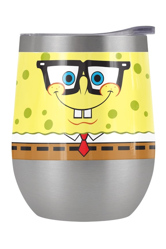 Spongebob Official Spongebob Nerd Face 12 oz Stemless Tumbler, Stainless Steel Travel Cup|Lake Tumbler|Insulated with Leak Resistant Slide-Lock Lid