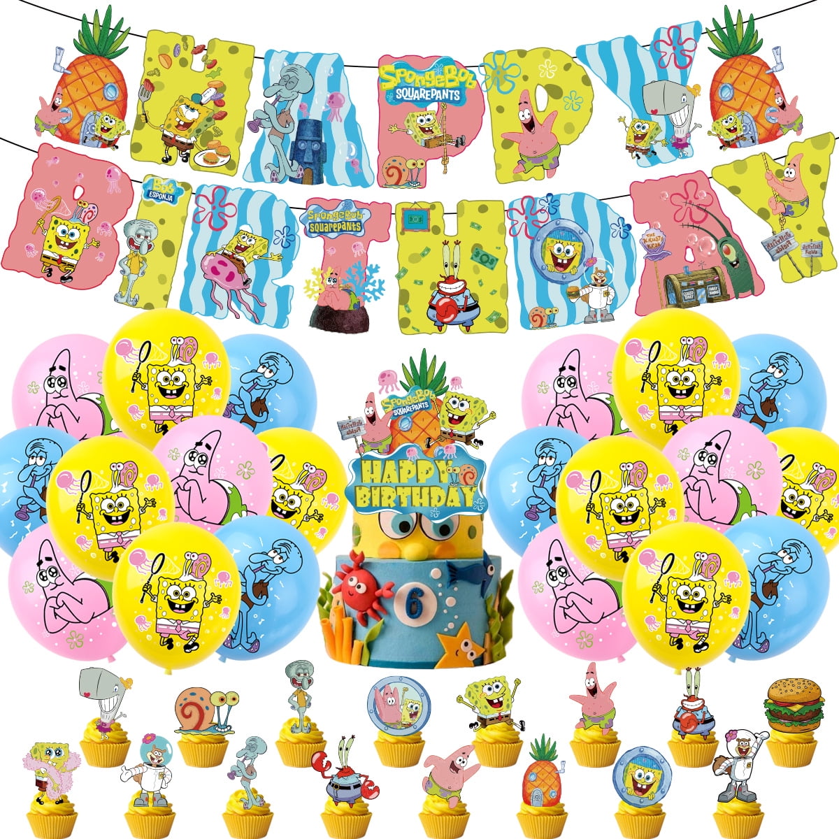 Shinestar Cartoon Spongebob Birthday Party Supplies - 32 Pcs Birthday Banner Cake Topper Cupcake Topper Balloons For Kid Boys Girls Fans Party Deco
