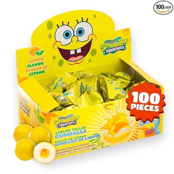 Bubblegum Kids SpongeBob SquarePants Liquid Filled Gumballs, Gelatin-Free Gumball Candy, Lemon Flavor, 100 Count