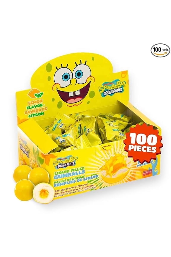 SpongeBob SquarePants Liquid Filled Gumballs, Gelatin-Free Gumball Candy, Lemon Flavor, 100 Count