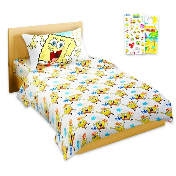 Spongebob Sheet Set - Bundle of Spongebob Bedding Including: Flat Sheet, Fitted Sheet, and Pillowcase for Twin Bed Plus Stickers, More for Kids