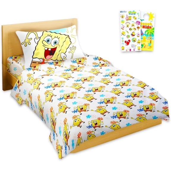 Spongebob Sheet Set - Bundle of Spongebob Bedding Including: Ft Sheet Fitted Sheet and Pillowcase for Twin Bed Plus Stickers More for Kids