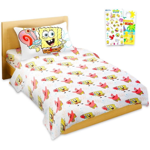 Spongebob Sheet Set Underwater Vibes - Bundle of Spongebob Bedding Including: Ft Sheet Fitted Sheet and Pillowcase for Twin Bed Plus Stickers More for Kids