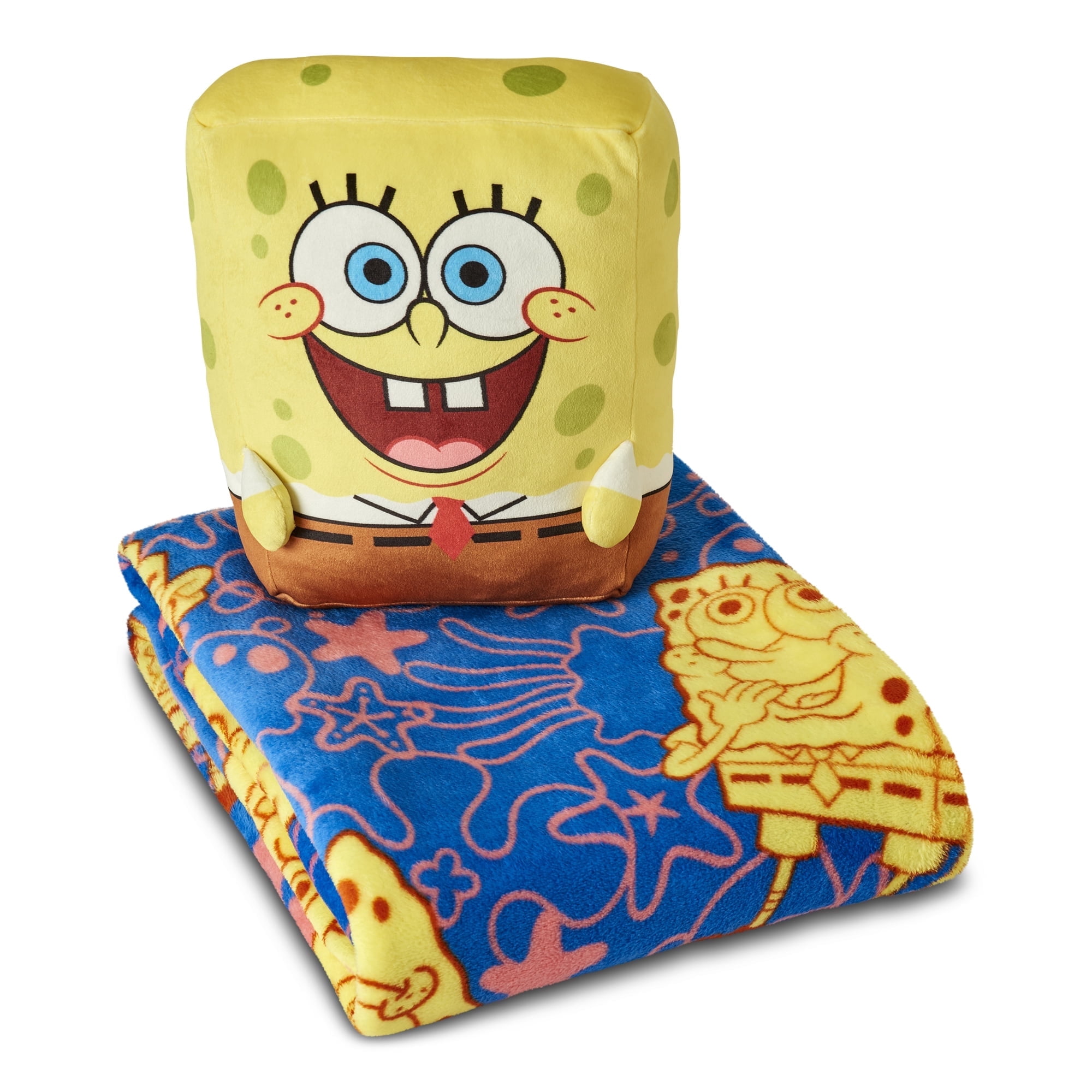 Spongebob Spongey Smiles 11 inch Character Hugger and 50 x 60 inch Throw Blanket Set – Ultra Soft Plush Character Pillow for Kids
