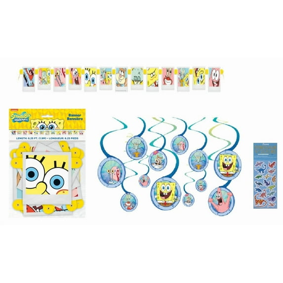 Spongebob SquarePant Birthday Party Supplies Decoration Bundle Pack includes 12 Piece Hanging Swirl Decoration and 1 Jointed Banner