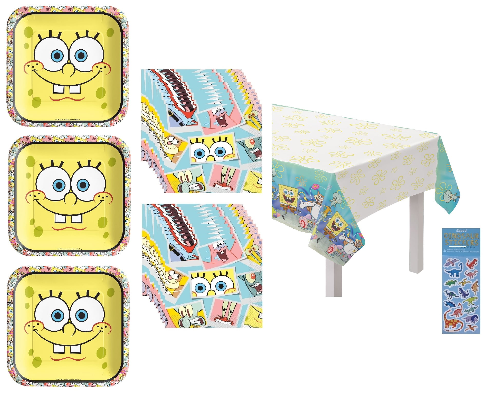 Spongebob SquarePants Birthday Party Supplies Bundle includes 24 Lunch Paper Plates 9", 32 Paper Napkins, 1 Plastic Table Cover 54" x 96", 1 Dinosaur Sticker Sheet