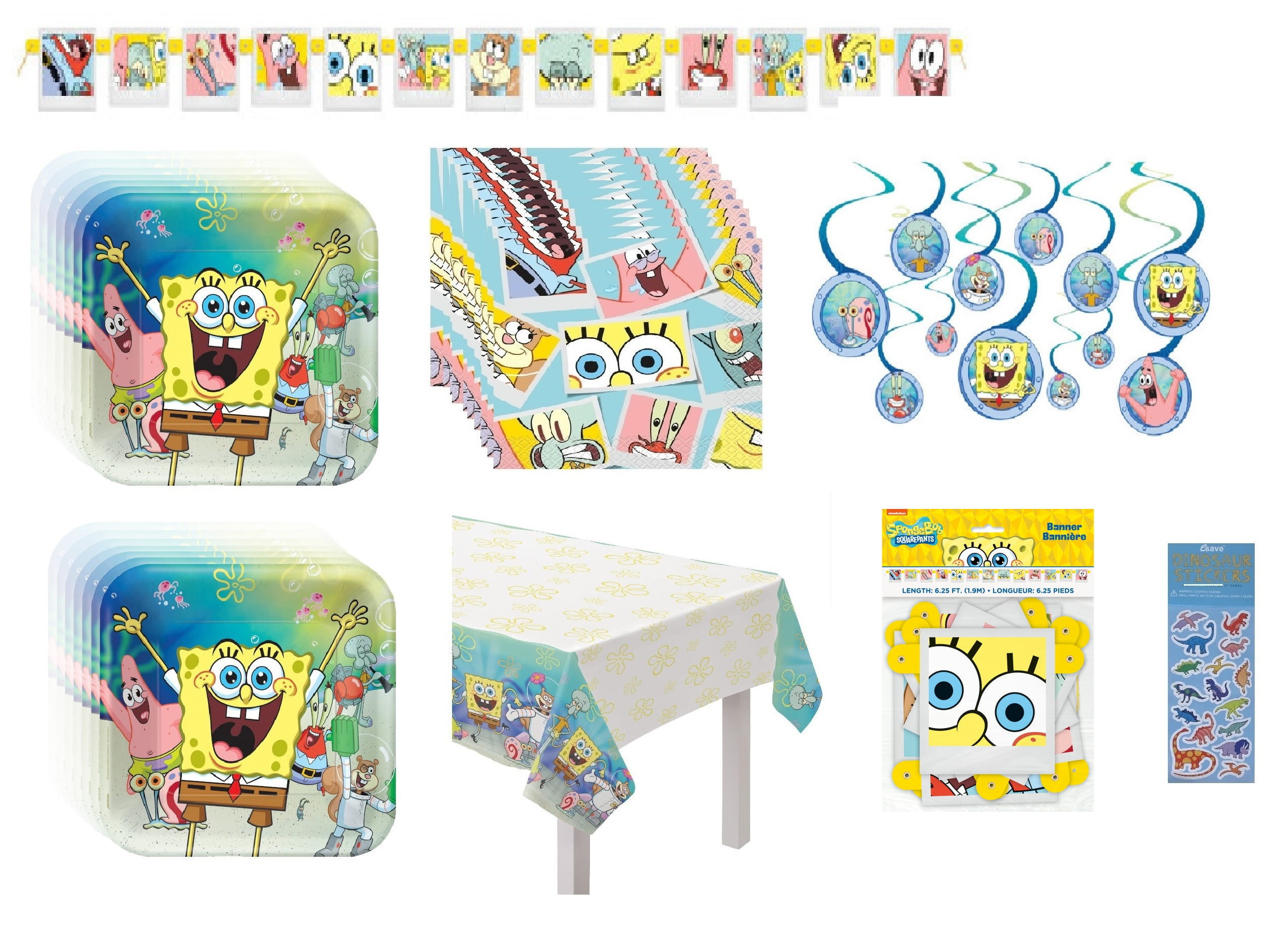 Spongebob SquarePants Birthday Party Supplies Decoration Bundle Pack includes 16 Lunch Plates, 16 Lunch Napkins, 1 Plastic Table Cover, 1 Party Banner, 12 Piece Hanging Swirl Decorations