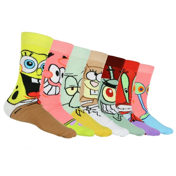 Spongebob SquarePants Socks Men's Character Face Designs 7-Pairs Mid-Rise Adult Crew Socks