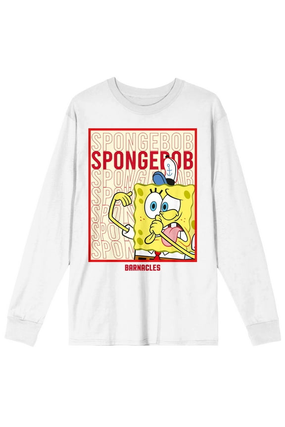 Spongebob Squarepants Barnacles Crew Neck Long Sleeve White Adult Tee-XL