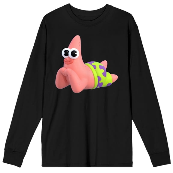 Spongebob Squarepants Big Eyes Patrick Star Crew Neck Long Sleeve Black Adult Tee-Small