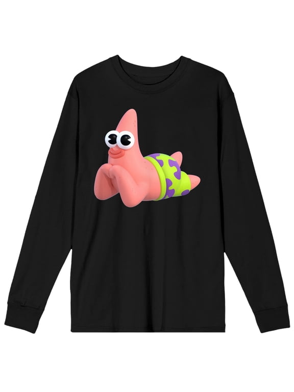 Spongebob Squarepants Big Eyes Patrick Star Crew Neck Long Sleeve Black Adult Tee-XL