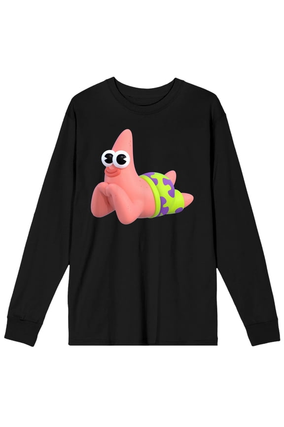 Spongebob Squarepants Big Eyes Patrick Star Crew Neck Long Sleeve Black Adult Tee-XS