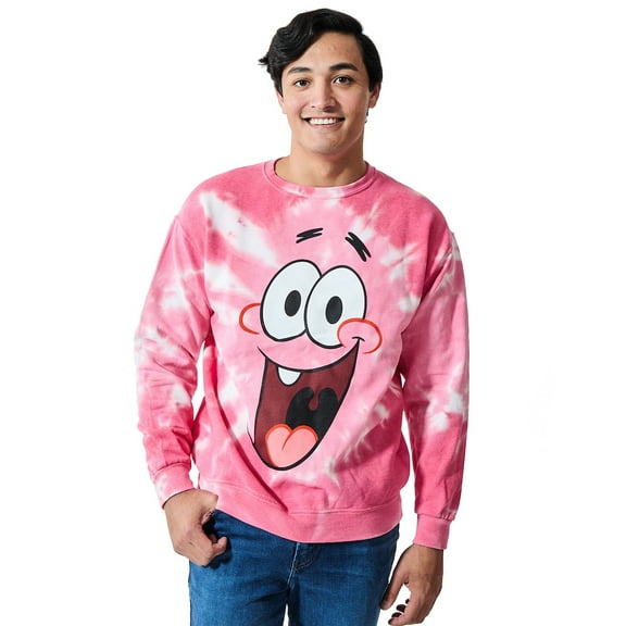 Spongebob Squarepants Big Face Patrick Men's Pink Spiral Wash Crew Neck Long Sleeve Fleece Sweatshirt-3XL