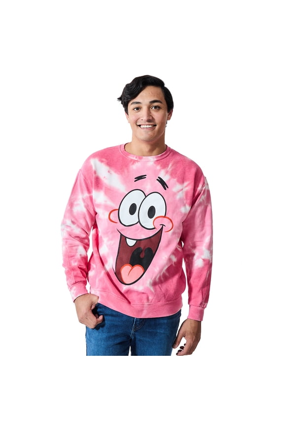 Spongebob Squarepants Big Face Patrick Men's Pink Spiral Wash Crew Neck Long Sleeve Fleece Sweatshirt-Large