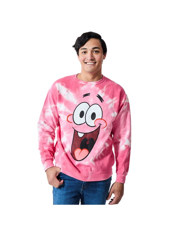 Spongebob Squarepants Big Face Patrick Men's Pink Spiral Wash Crew Neck Long Sleeve Fleece Sweatshirt-XXL