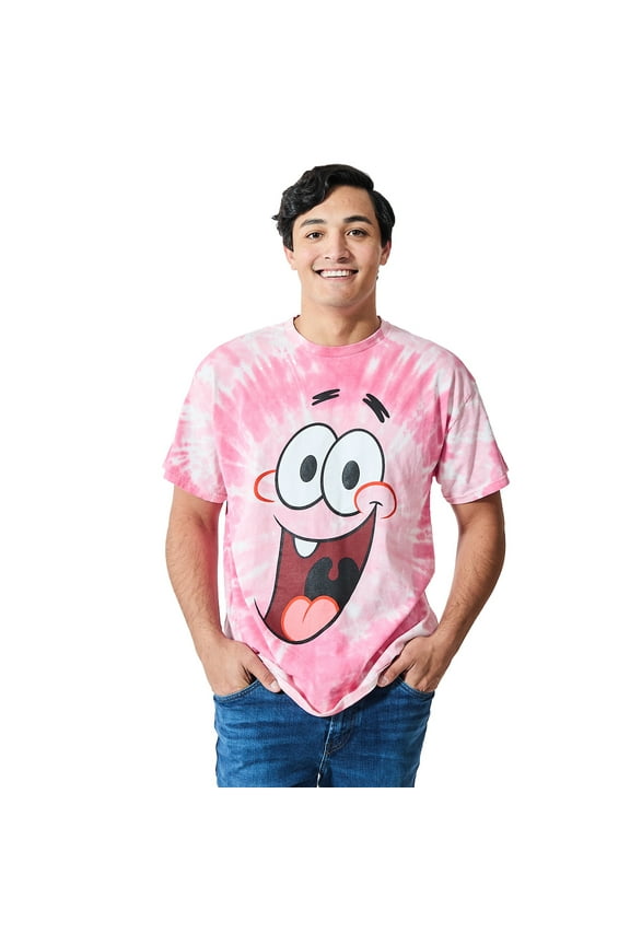 Spongebob Squarepants Big Face Patrick Men's Pink Spiral Wash Crew Neck Short Sleeve T-shirt-Large