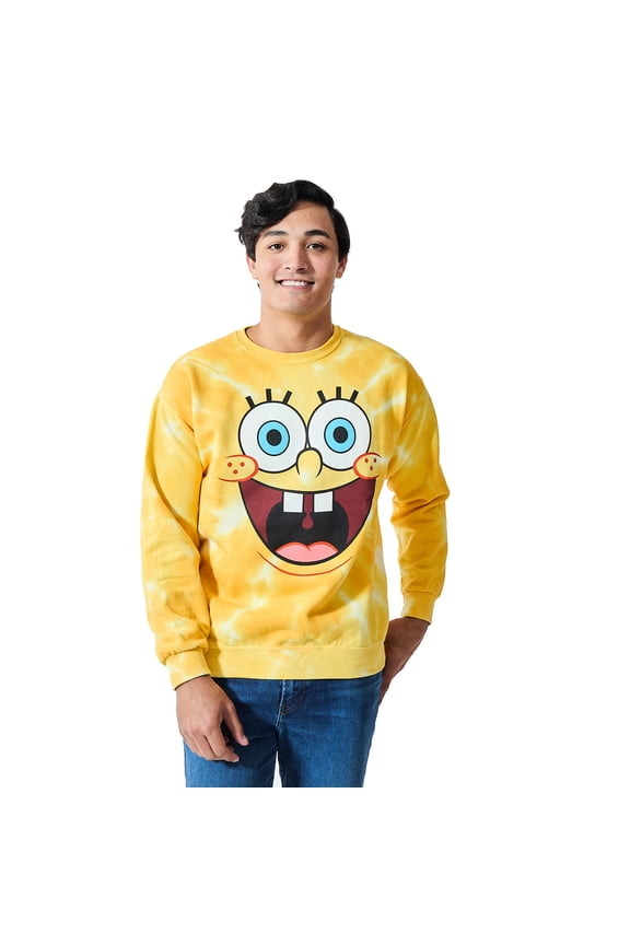 Spongebob Squarepants Big Face Spongebob Men's Yellow Spiral Wash Crew Neck Long Sleeve Fleece Sweatshirt-XXL