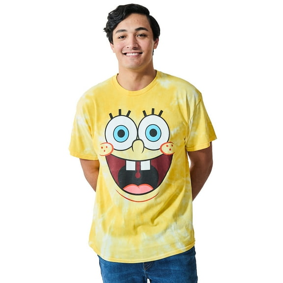 Spongebob Squarepants Big Face Spongebob Men's Yellow Spiral Wash Crew Neck Short Sleeve T-shirt-Large