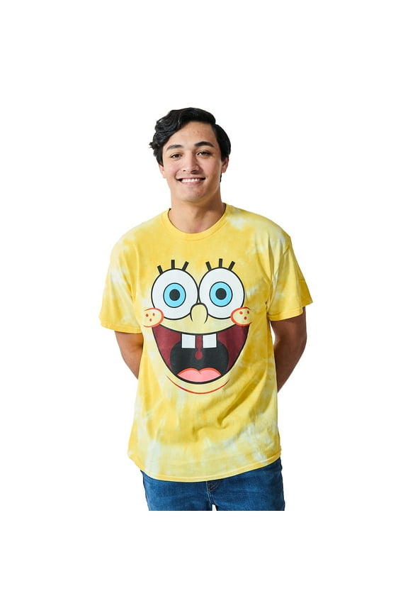 Spongebob Squarepants Big Face Spongebob Men's Yellow Spiral Wash Crew Neck Short Sleeve T-shirt-Large