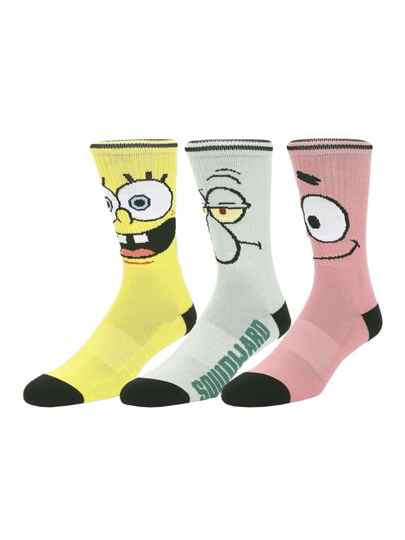 Spongebob Squarepants Big Face Spongebob Patrick and Squidward Mens Athletic Crew Socks 3 Pack