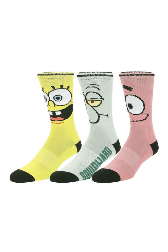 Spongebob Squarepants Big Face Spongebob Patrick and Squidward Mens Athletic Crew Socks 3 Pack