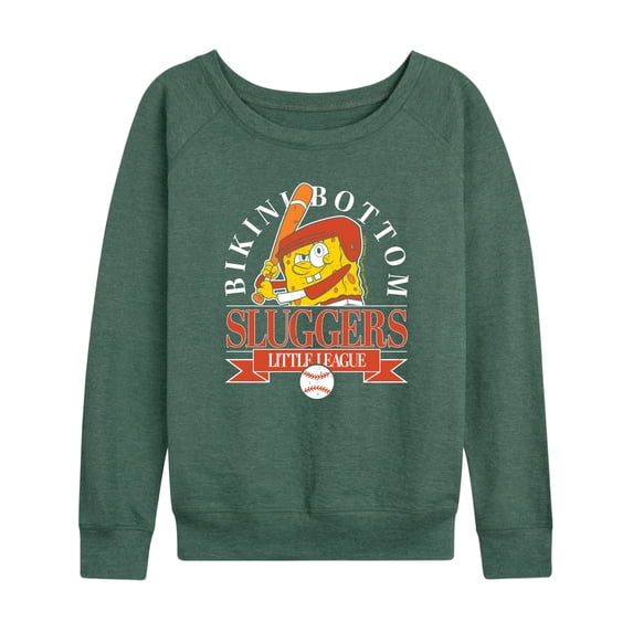 Spongebob Squarepants - Bikini Bottom Sluggers Women's Lightweight French Terry Wide Neck Long Sleeve Graphic Shirt