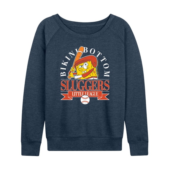Spongebob Squarepants - Bikini Bottom Sluggers Women's Lightweight French Terry Wide Neck Long Sleeve Graphic Shirt