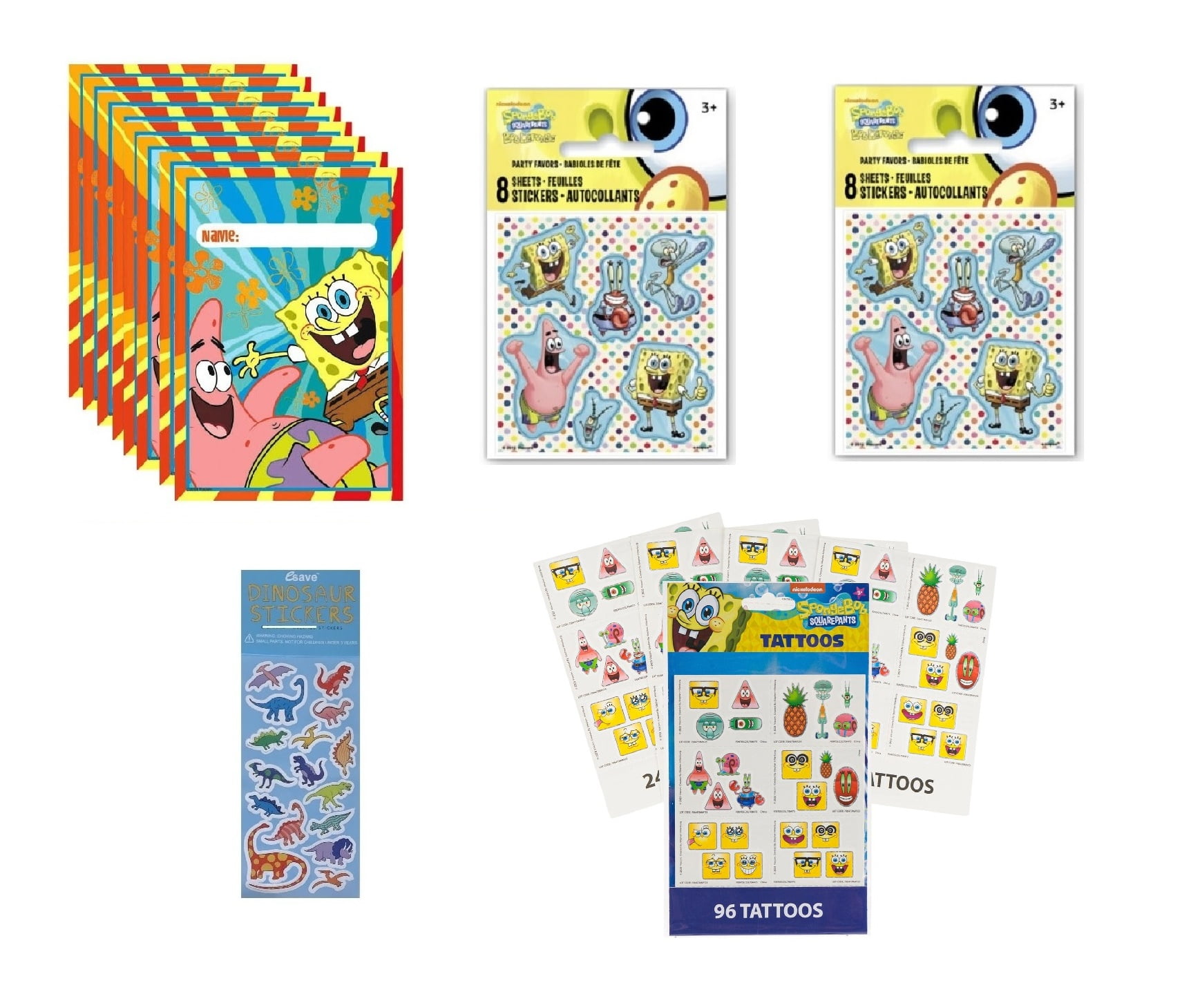 Spongebob Squarepants Birthday Party Favors Supplies Bundle Includes 8 Loot Bags, 16 Sticker Sheets, 4 Tattoo Sheets with 96 Tattoos, 1 Dinosaur Sticker Sheet