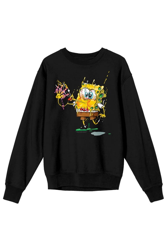 Spongebob Squarepants Yellow Sponge Blowing Candle Melting on Black Long Sleeve Adult crew neck-XL