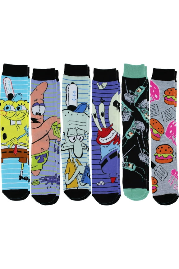 Spongebob Squarepants Characters Men's Casual Crew Socks, 6-Pack, Size 8-12