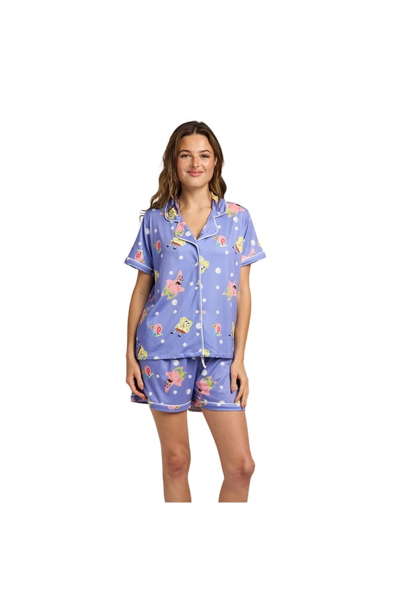 SpongeBob SquarePants Favorite Characters All-Over Print Women's Notch Collar Shirt & Shorts Sleepwear Set-Small