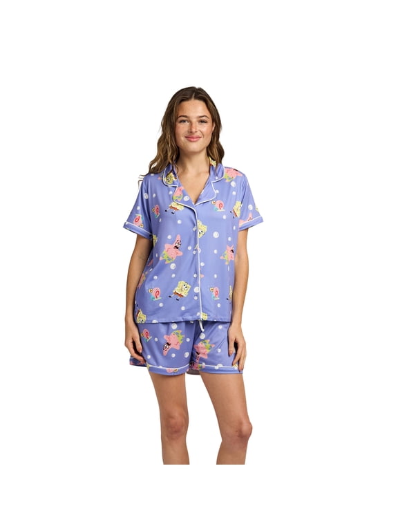 SpongeBob SquarePants Favorite Characters All-Over Print Women's Notch Collar Shirt & Shorts Sleepwear Set-XXL