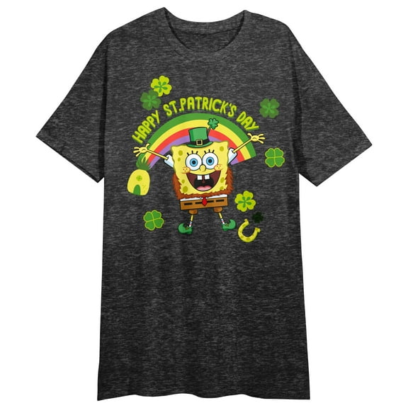 Spongebob Squarepants Happy Patrick's Day Crew Neck Short Sleeve Black Heather Women's Night Shirt-Medium