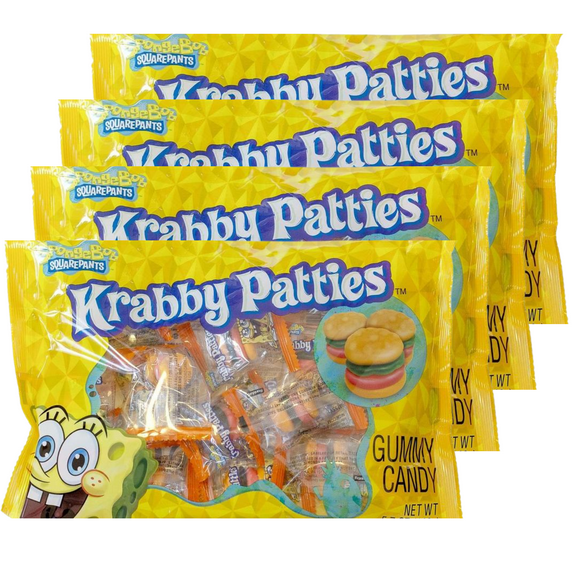 Spongebob Squarepants Krabby Patties Gummy Candy 3.17oz Kids Snack Party Favor Treats Stocking Stuffer Gifts on Birthday Halloween Christmas Thanksgiving - Pack of 4