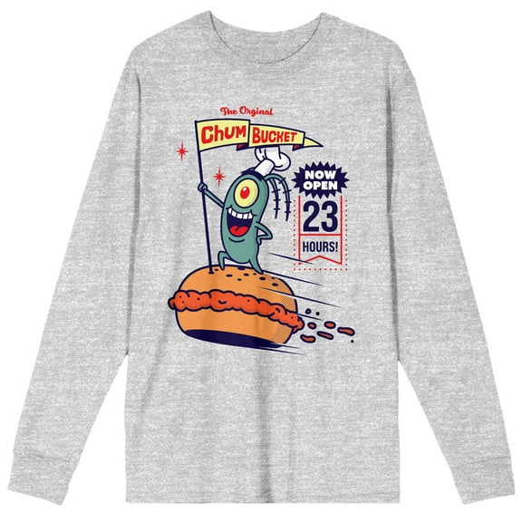 Spongebob Squarepants Plankton The Original Chum Bucket Crew Neck Long Sleeve Athletic Heather Men's Tee