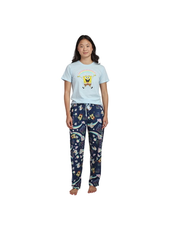 Spongebob Squarepants Rainbow All-Over Print Women's T-Shirt and Pajama Pants Sleepwear Set-Large