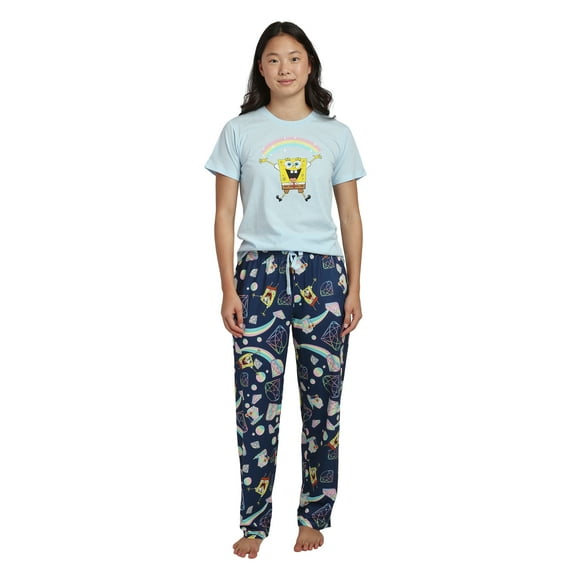 Spongebob Squarepants Rainbow All-Over Print Women's T-Shirt and Pajama Pants Sleepwear Set-Medium
