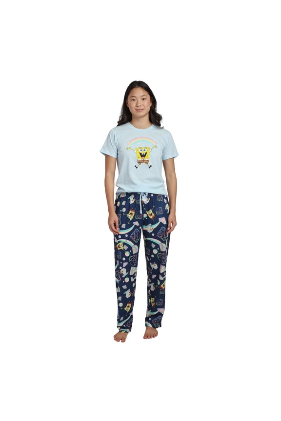 Spongebob Squarepants Rainbow All-Over Print Women's T-Shirt and Pajama Pants Sleepwear Set-XXL