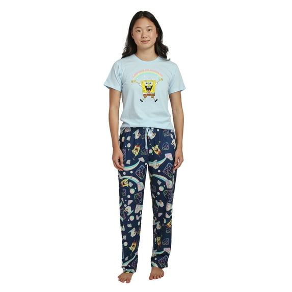Spongebob Squarepants Rainbow All-Over Print Women's T-Shirt and Pajama Pants Sleepwear Set-XXL