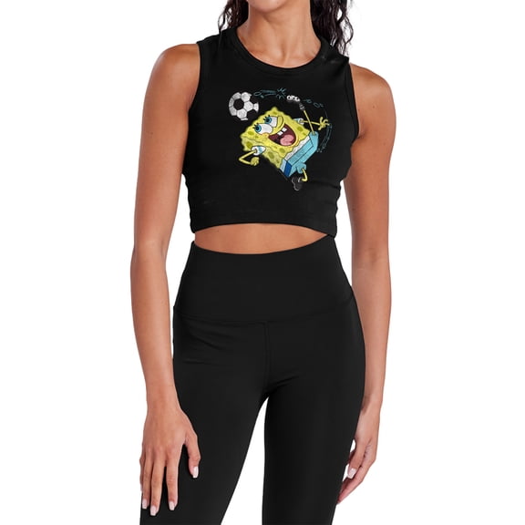 Spongebob Squarepants Soccer Kick Women's Sleeveless Crop Top Tank, Black, X-Small
