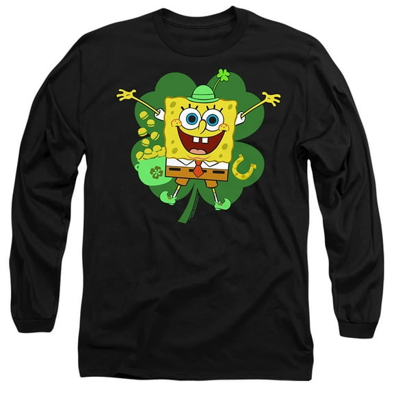 Spongebob Squarepants St. Patrick's Day Spongey Four Leaf Clover Unisex Adult Long-Sleeve T Shirt (Medium) Black