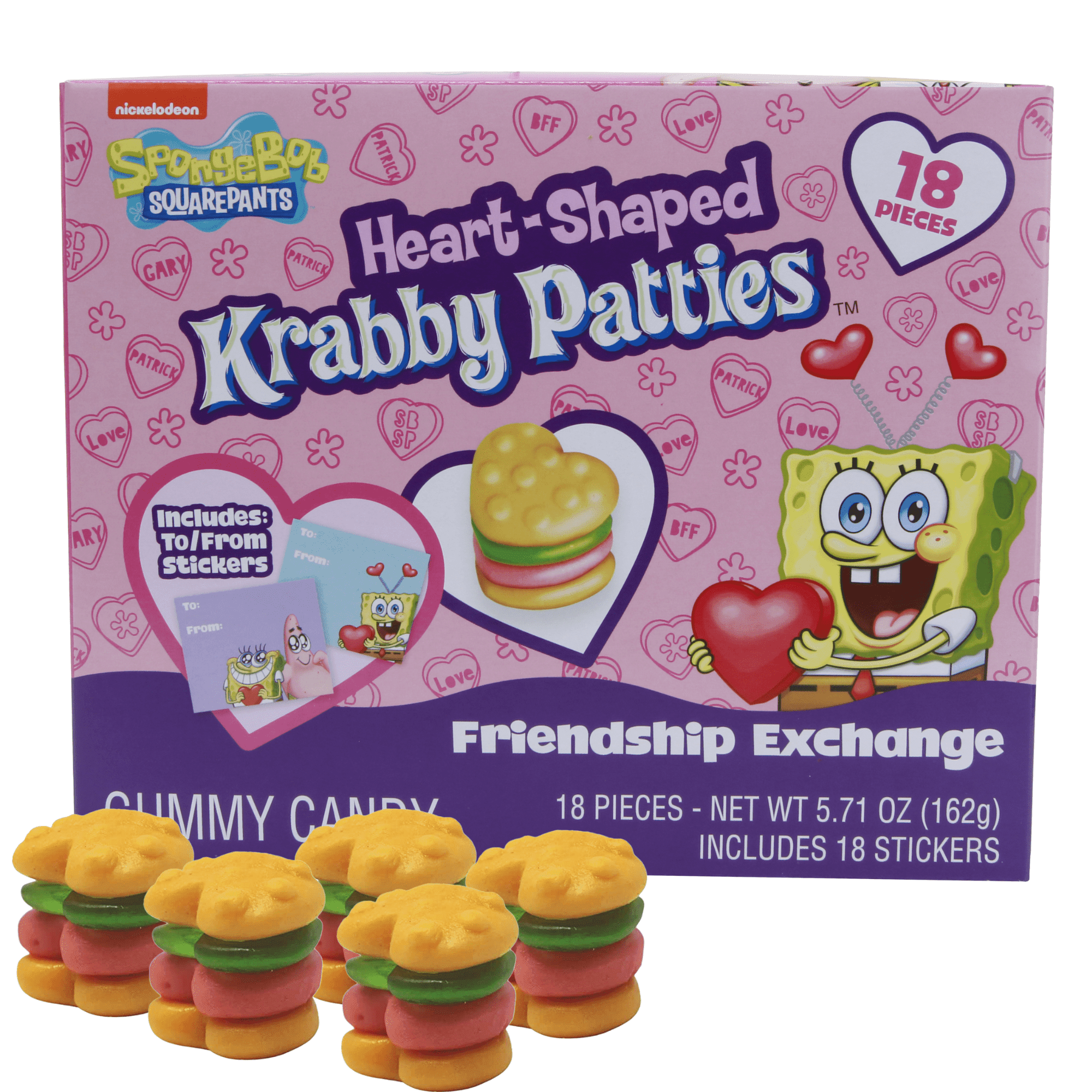 Intercambio de Amistad de San Valentín de Bob Esponja, Caramelos de Goma en Forma de Corazón de Krabby Patty Envueltos Individualmente, Caja de 18