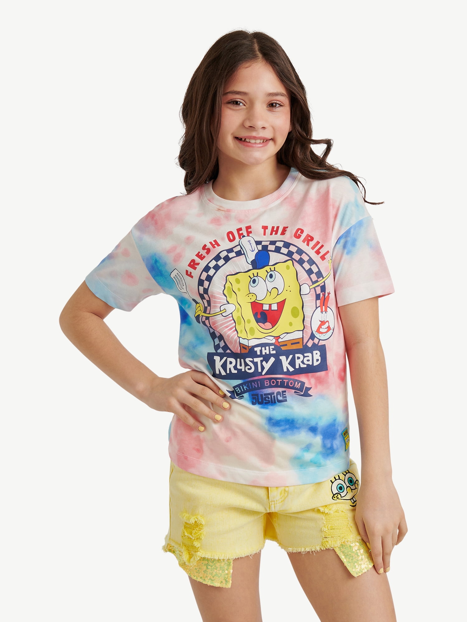 Spongebob X Justice Americana Collab Girls Oversized Tee, Sizes XS