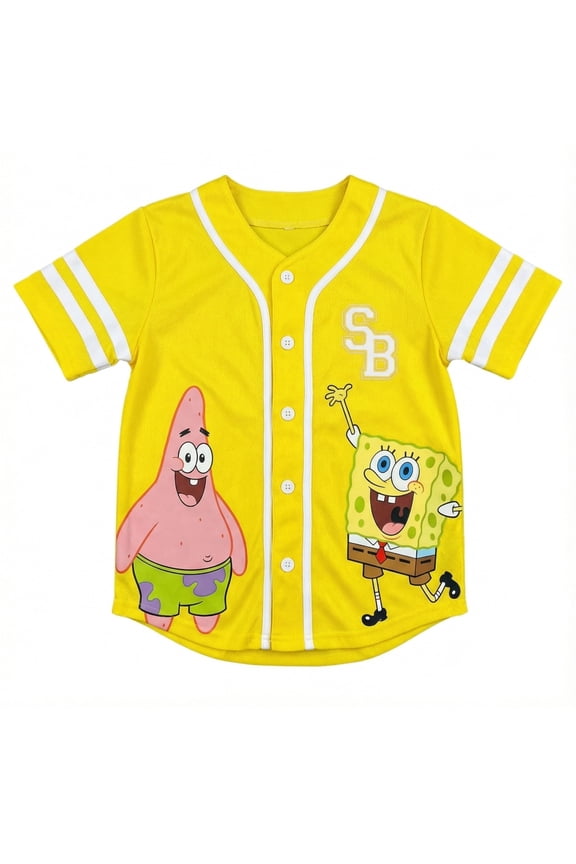 Spongebob and Patrick Star Girls Baseball Jersey T-Shirt, Short Sleeve Pinstripe Graphic Tee, Yellow 4/5